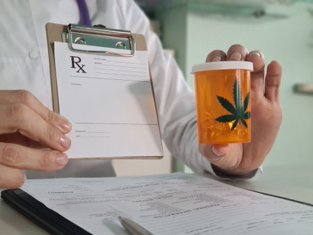 Female doctor holds her hand and offers patient medical marijuana in jar in tablets. Cannabis prescription for personal use legal light preparationsの写真素材
