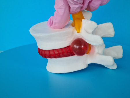 Doctor points to inflammation of posterior artificial disc. Intervertebral hernia causes symptoms