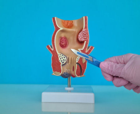 Doctor is holding scalpel anatomy of rectum problem. Surgical approach to treatment of chronic...