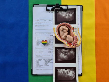 Embryo ultrasound and surrogacy for same-sex marriages. LGBT family and pregnancy childbirthの写真素材