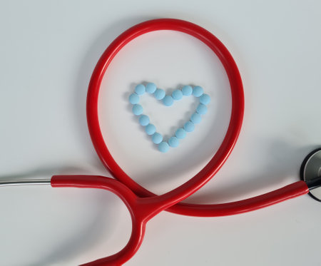 Medical stethoscope cardiological tablets. Heart cardiology and heart failure treatment conceptの写真素材