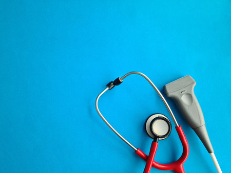 Ultrasonic sensor and stethoscope place for text. Examination of internal organsの写真素材