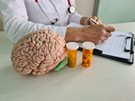 Doctor writes medical prescription for neuropsychiatric pills. Nootropics and Vascular drugs to...