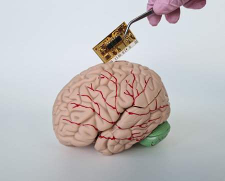 Person use tweezer tool to put tiny computer chip detail in human brain model. Engineers have copied...