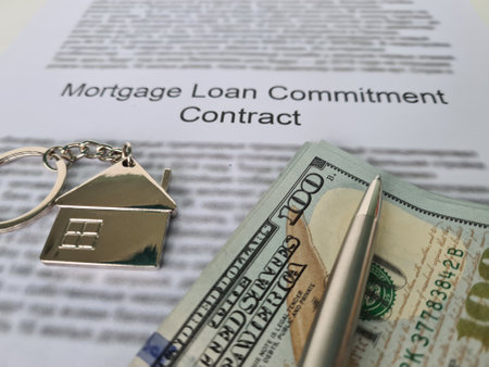 Mortgage agreement for a river and house. Mortgage loan for real estate with house keys and dollars finance.の写真素材