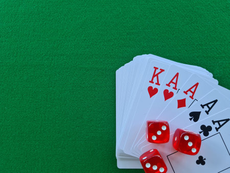Red dice four aces on black felt. poker and gambling