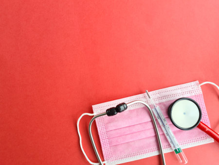 Stethoscope thermometer medical mask advertising banner. Medical services and assistance conceptの写真素材
