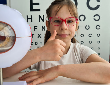 Little girl with glasses holding thumbs up Hyperopia myopia astigmatism and glaucomaの写真素材