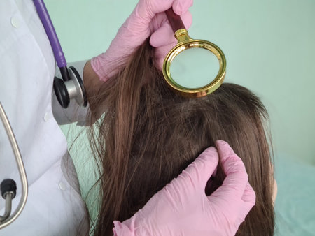 Doctor shows closeup on head covered with dandruff and lice. View through magnifying glass and seborrheic dermatitisの写真素材