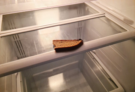 Empty refrigerator with small piece of bread. Financial crisis poverty and hunger conceptの写真素材