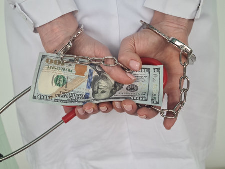 Doctor with stethoscope with dollar bills and handcuffs. Doctor arrest crime bribeの写真素材