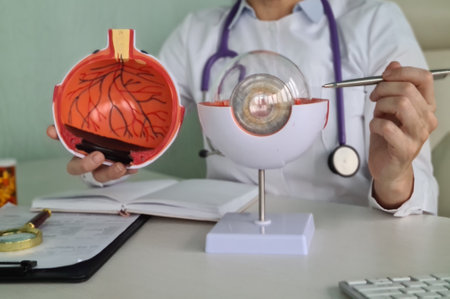 Ophthalmologist holds anatomical model of human eye and pen in hands. Scientist explains structure of human eye to studentsの写真素材