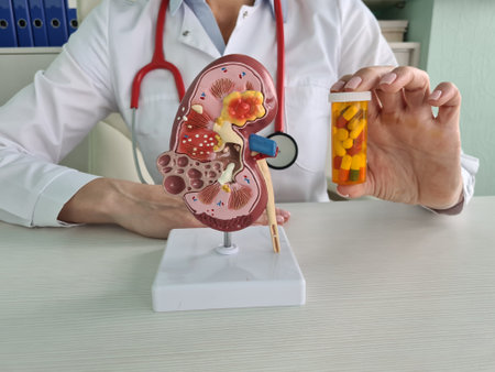 Nephrologist doctor holds in hands anatomical model of human kidney with pills in clinic. Kidney treatment in clinicの写真素材