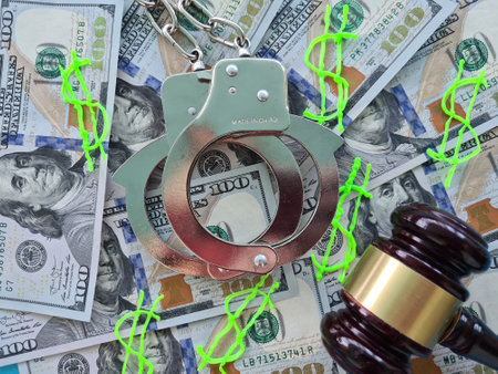 Handcuffs and judges on packs of money closeup. Corruption in court, crime and bribery