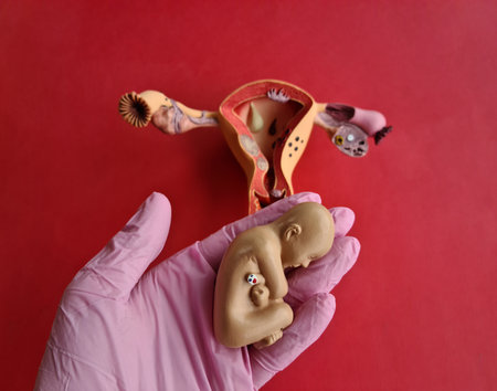 Female gynecologist holds in hands anatomical model of study model of child in womb. Artificial insemination motherhood and surrogacyの写真素材