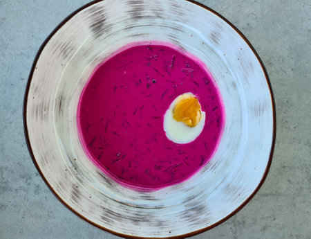 Cold borscht with egg nutritious soup closeup