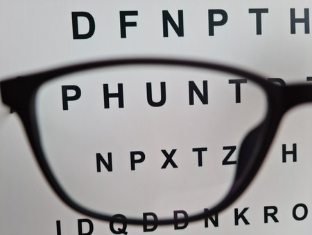 Optometry looking through glasses at eye examination card. Childhood vision, eyesight and peopleの写真素材