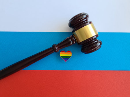 Lgbt sign judge gavel on Russian flag. Prohibition of same-sex marriages in Russiaの写真素材