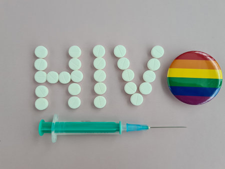 Inscription hiv pills with syringe and lgbt sign. Ways to fight HIVの写真素材