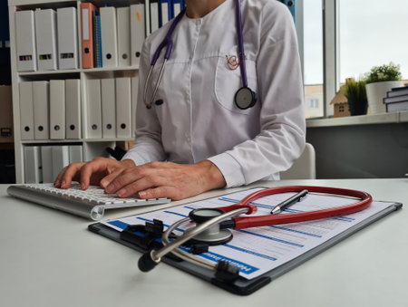 Medical doctor workplace. doctor hands type. Health care and medical insurance conceptの写真素材