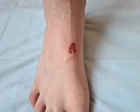 Teenager foot with callus wound or allergy. Uncomfortable shoes and mazols conceptの写真素材