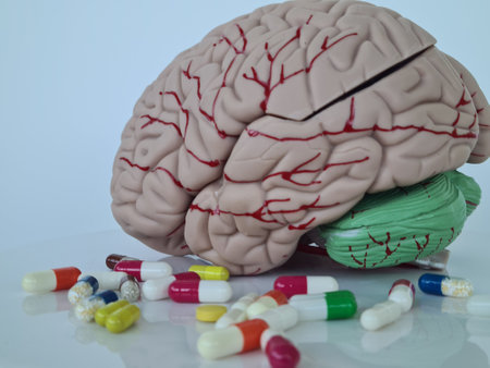 Concept of brain diseases, mental health, Alzheimer's Parkinson disease dementia stroke and seizure. Nootropics use to improve memory and neural function. Brain model with a pillの写真素材