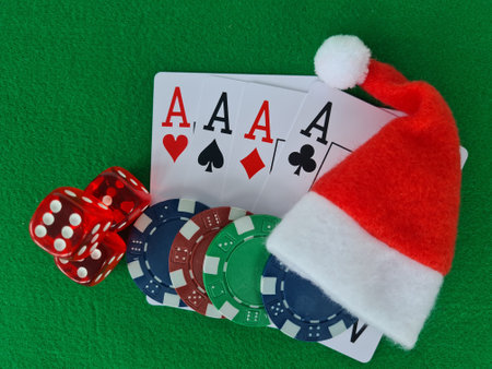 Christmas with poker chips New Year cards and dice. Casino celebration santa claus and dollar