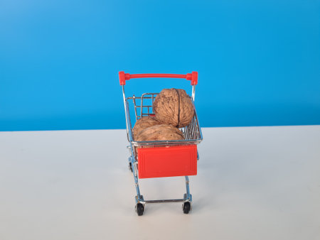 Walnuts in cart superfood healthy food concept. Nuts in small grocery product cart. Creative concept for grocery storeの写真素材