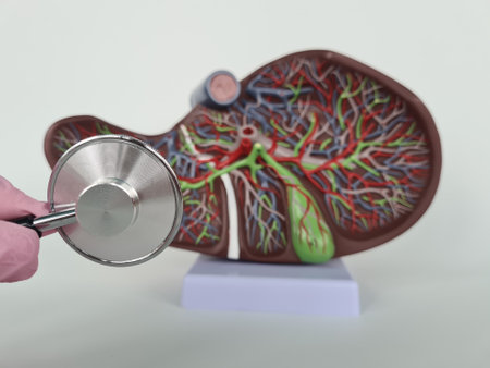 Medical professional doctor or gastroenterologist or hepatologist holds anatomical model of liver and stethoscope in handの写真素材