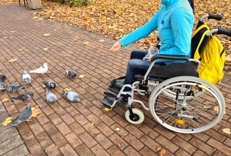 Disabled woman feeding pigeons while sitting in wheelchair and distributing bread to birds in parkの写真素材