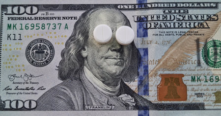 White pills on money. Global pharmaceutical industry