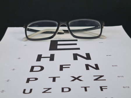 Stylish children's glasses on a visual testing chart isolated on black. Vision and treatmentの写真素材