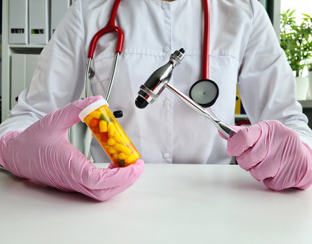 Neurologist holds reflex hammer and pills. Treatment and prevention of various diseases in medicine and neurology antidepressants and sleeping pillsの写真素材