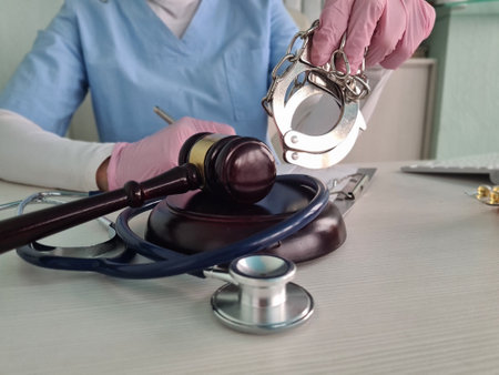 Doctor or judge hammer doctor stethoscope and handcuffs. Legal aspects of payments in the field of healthcare and medical insuranceの写真素材