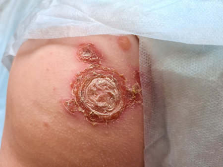 Lichen on human skin closeup. Shingles and viral infection