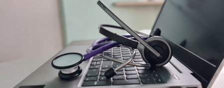 Telemedicine and remote medical care and online doctor consultation. Pandemic medical help service online 911の写真素材