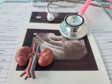 Kidney ultrasound and doctor analyzes patient kidney condition using kidney ultrasound. Kidney...