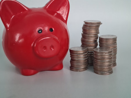 Cash coins and a red piggy bank closeup. Home accounting conceptの写真素材