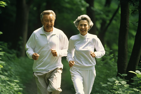 Elderly middle aged couple is jogging together in the park in morningの素材