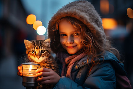 Little homeless girl holding a lost kitten and a lantern on the streetの素材