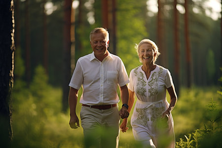 Senior happy couple walking in the parkの素材