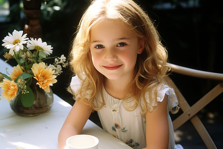Portrait of funny beautiful little girl closeup, sitting on table.の素材