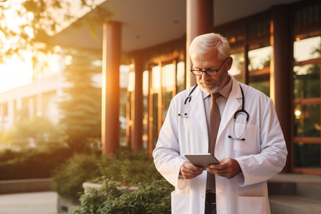 Pensive elderly male doctor in white medical uniform working on a modern tablet standing on streetの素材