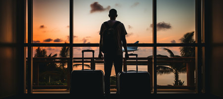 Man with suitcase in glass-walled departure area at airport at sunset in Asiaの素材