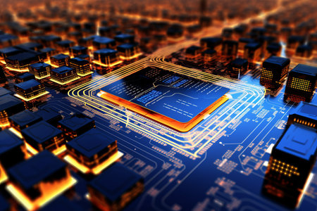 Abstract technology background of a quantum computing system with processor and electronic circuit.の素材