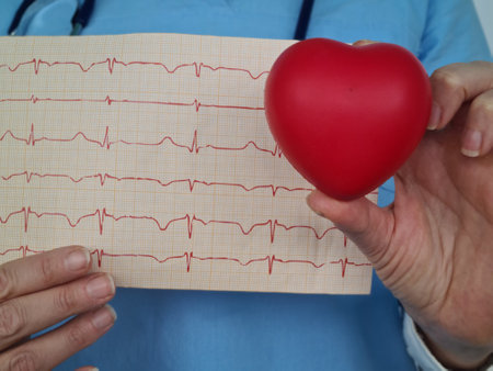 A doctor wearing a blue uniform is holding a red heart in one hand and an ecg heart monitor displaying abnormal results in the other hand, indicating a critical medical situation.の写真素材