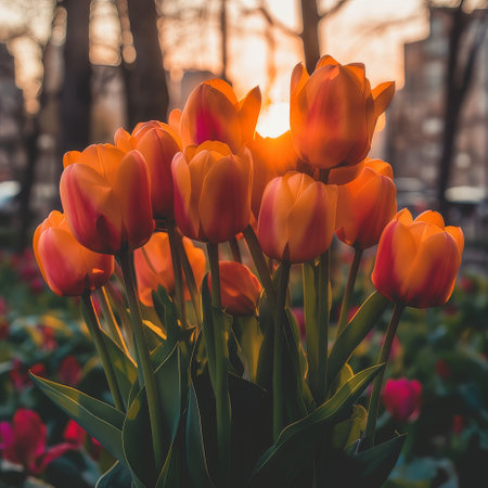 This vibrant image features a close-up of a stunning bouquet of orange tulips in full bloom, set against a picturesque backdrop of lush green leaves and dappled sunlight.の素材