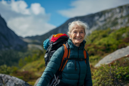 Confident female hiker in blue jacket and backpack, holding a walking stick, on a mountain peak, with a stunning mountainous landscape and blue sky in the background.の素材