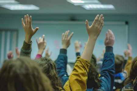 A diverse group actively engages in a well-lit classroom or conference room. Their raised hands and enthusiasm embody collaboration. Perfect for educational, business, and teamwork concepts.の素材