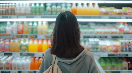 A young woman with long dark hair is looking at the selection of beverages in a supermarket. She is wearing a gray hoodie and a beige bag is hanging on her right shoulder.の素材